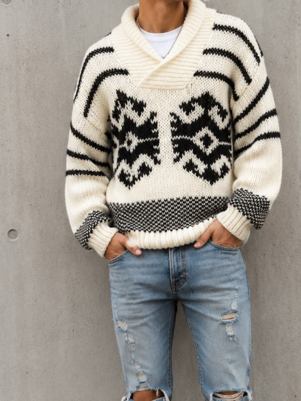 Forum Mens Large Pullover Chunky Sweater Ivory Gray Pattern Shawl Collar Vintage
